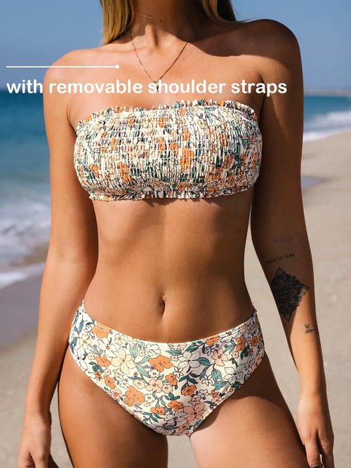 CUPSHE Bikini Set - Two Piece Swimsuit with Bandeau Top & Mid-Waisted Bottom | Removable Straps