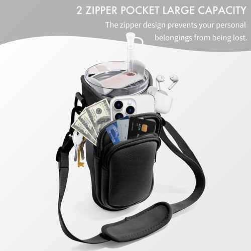 JEBEALUO Water Bottle Carrier Bag - Adjustable Strap & Phone Pocket for Stanley Cup 40/30 oz