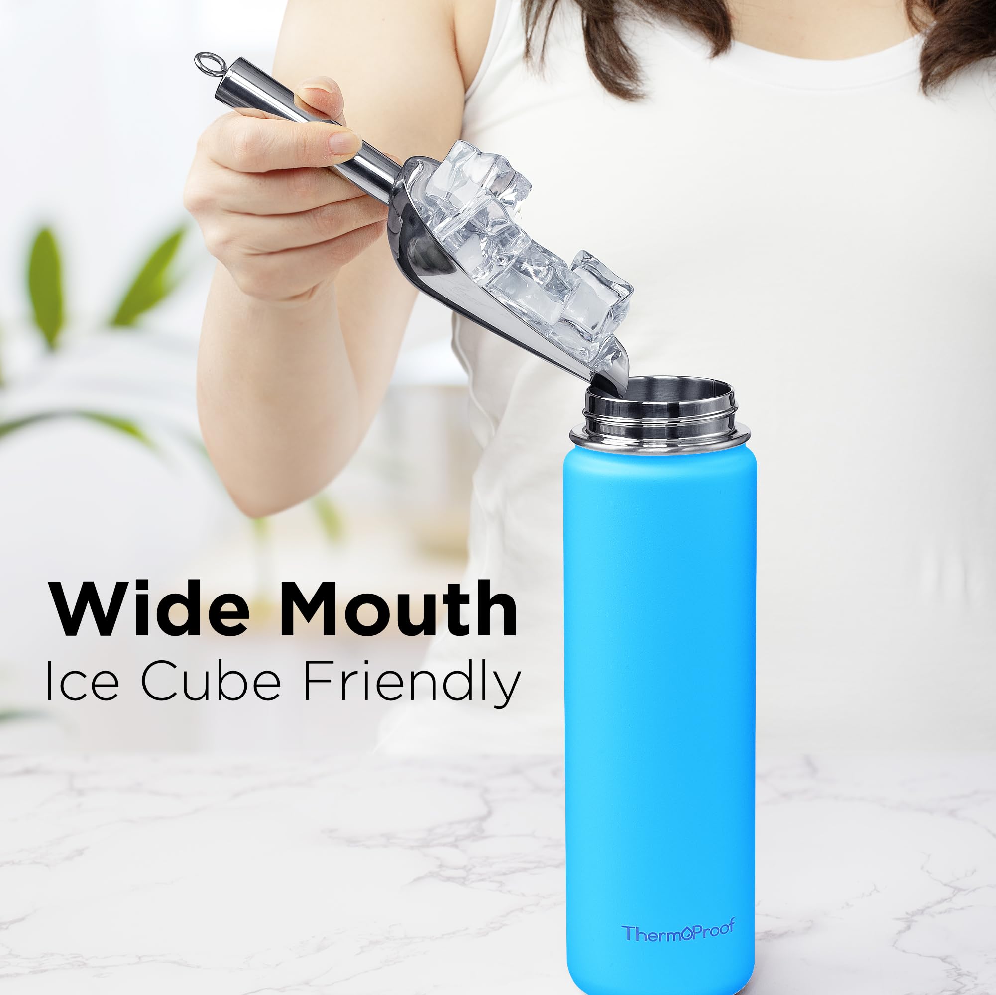 ThermoProof Double-Walled Vacuum Insulated Stainless Steel Water Bottle - Wide Mouth with Chug & Spout Lids, Dishwasher Safe, Reusable, Leakproof, Hot & Cold for Men, Women & Kids - 22oz, Light Blue