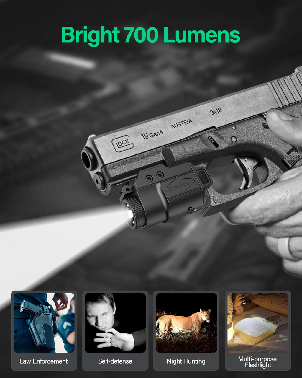 Gmconn 700 Lumen Pistol Light, Compact Adjustable Rail Mounted Flashlight Mini Weapon Light with Strobe Mode for Picatinny MIL-STD-1913, Glock (700 Lumen)
