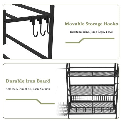 Hadulcet All-in-One Dumbbell Rack, 4-Tier Adjustable Weight Rack for Dumbbells, Home Gym Storage for Yoga Mat, Kettlebell, Foam Roller & Balls, Workout Equipment Storage with Hooks and Wheels