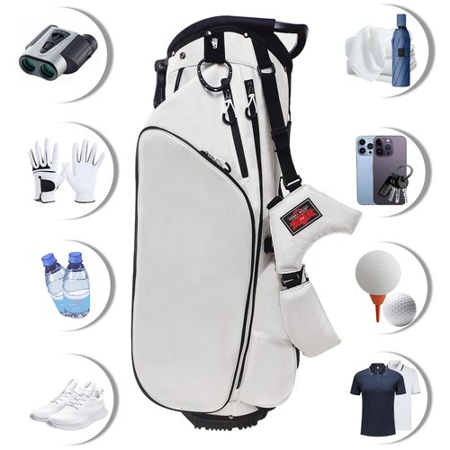 Lightweight Golf Stand Bag with 14 Way Full-Length Dividers, 7 Zippered Pockets and Rain Cover, with Handles and Dual Strap (White, 14 Way)