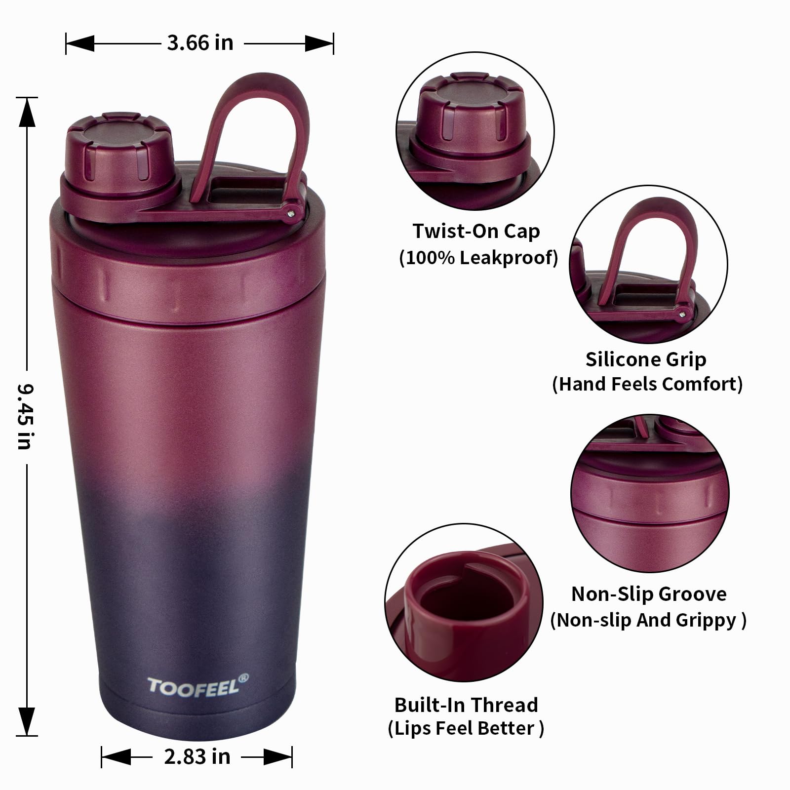 TOOFEEL Stainless Steel Shaker Bottle - 20 oz Double Walled Insulated Protein Shaker Cup, Keeps Cold/Hot for Gym Workout