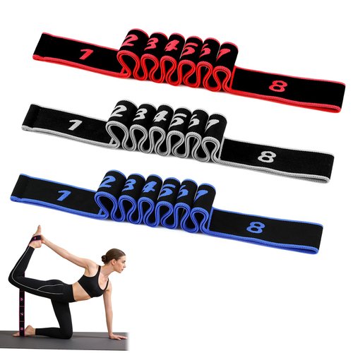 Fitness Resistance Bands with Handles, Adjustable Stretching & Yoga Band for Full Body, 8-Section Elastic Training Band with Clear Marking for Yoga, Stretching, Pilates (（Red + Black + Blue）)