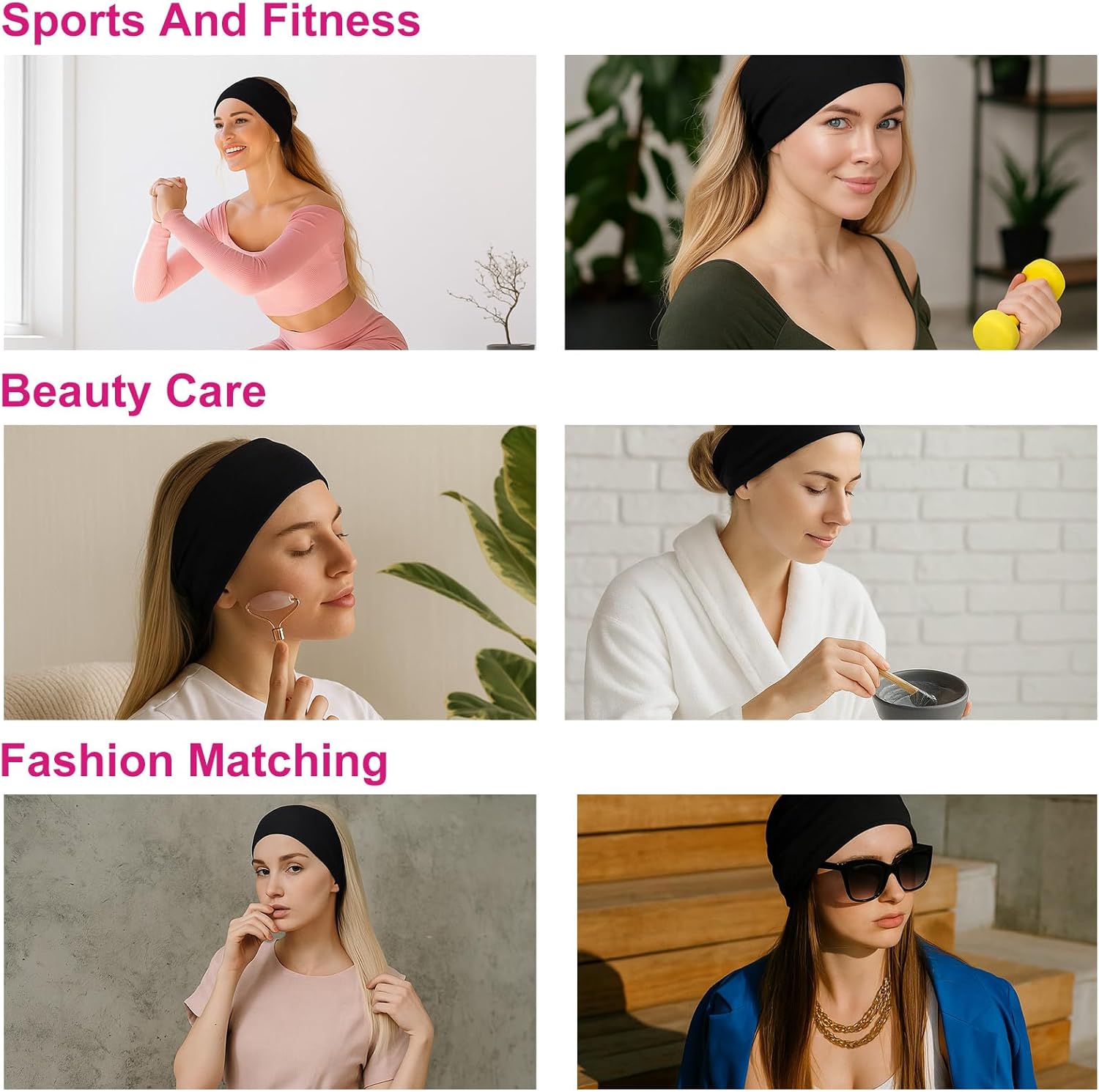 Skiennix Black Headbands for Women - Non-Slip, Soft Elastic Design | 3 PCS, 9.25" x 5.31" for Gym & Yoga