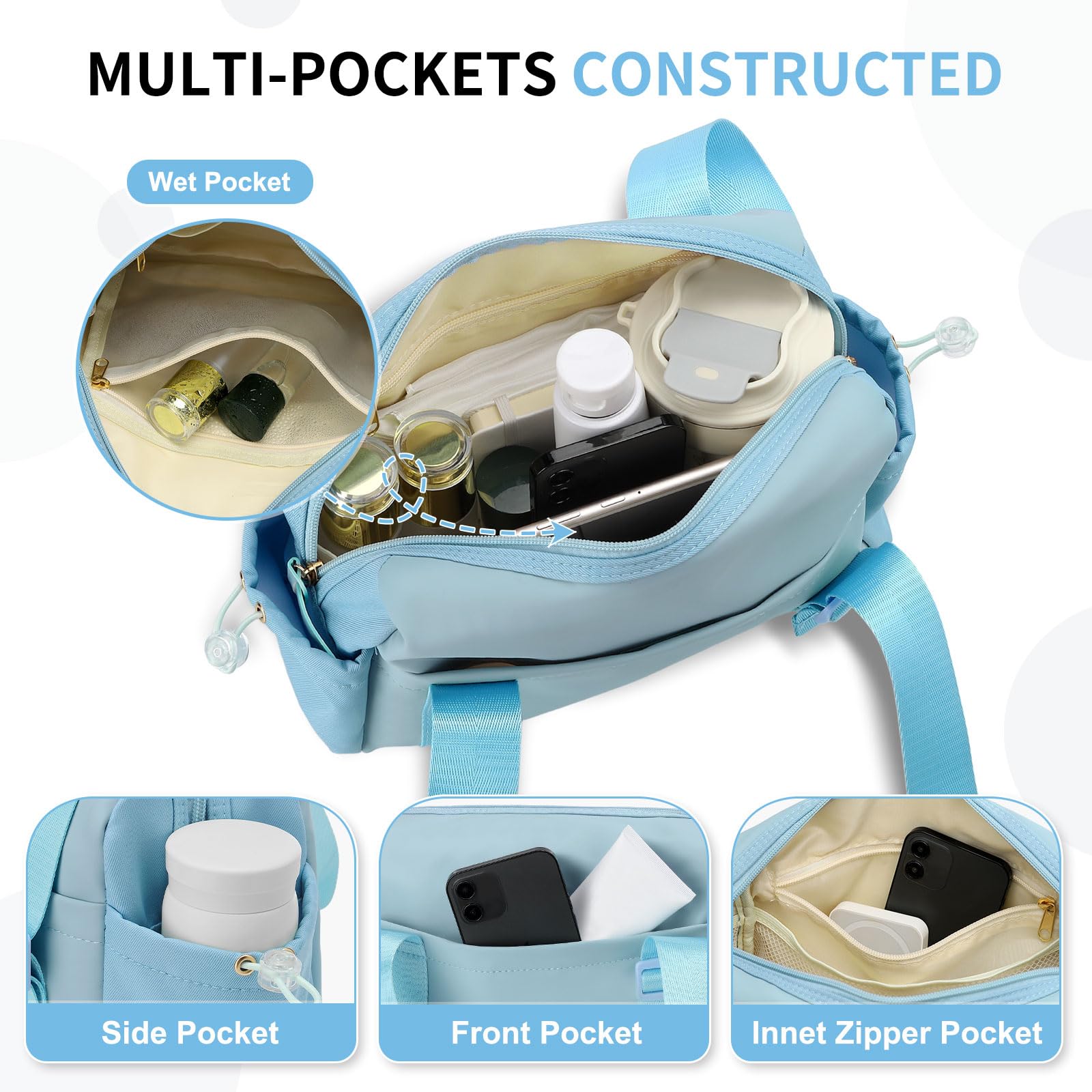 SUIKIHUM Mini Gym Bag for Women, Yoga Small Sports Bag for Women Girls, Waterproof PU Fitness Tote with Wet Compartment, Sky Blue