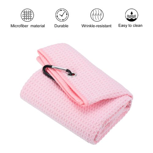 PATIKIL 24"x16" Tri-Fold Golf Towels, Waffle Pattern Towels Soft Fiber Strong Water Absorption with D Clip for Golf Lovers, Pink