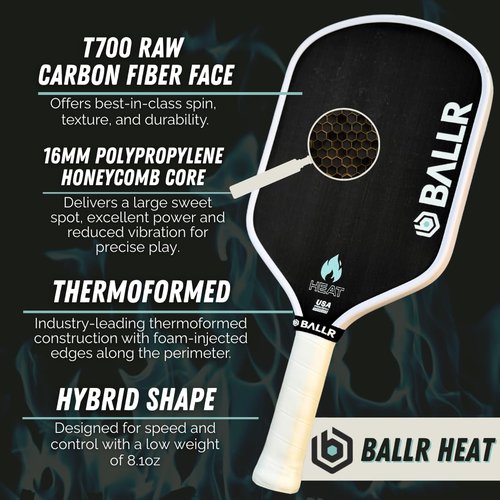 BALLR Heat Pickleball Paddle with T700 Carbon Fiber Surface for Increased Spin and Control - Thermoformed for a Larger Sweet Spot - USAPA Approved