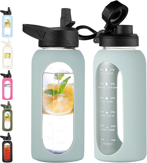 CIVAGO 32 Oz Glass Water Bottle - Motivational Sports Flask with Straw, Time Marker & Silicone Sleeve - Sage