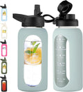 CIVAGO 32 Oz Glass Water Bottle - Motivational Sports Flask with Straw, Time Marker & Silicone Sleeve - Sage