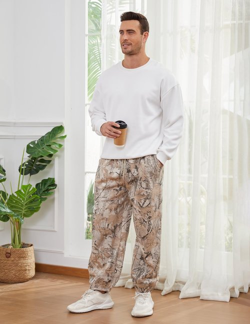 Eutten Mens Camo Sweatpants Baggy Maple Leaf Print Tapered Joggers Fleece Drawstring Waist Workout Lounge Pants with Pockets