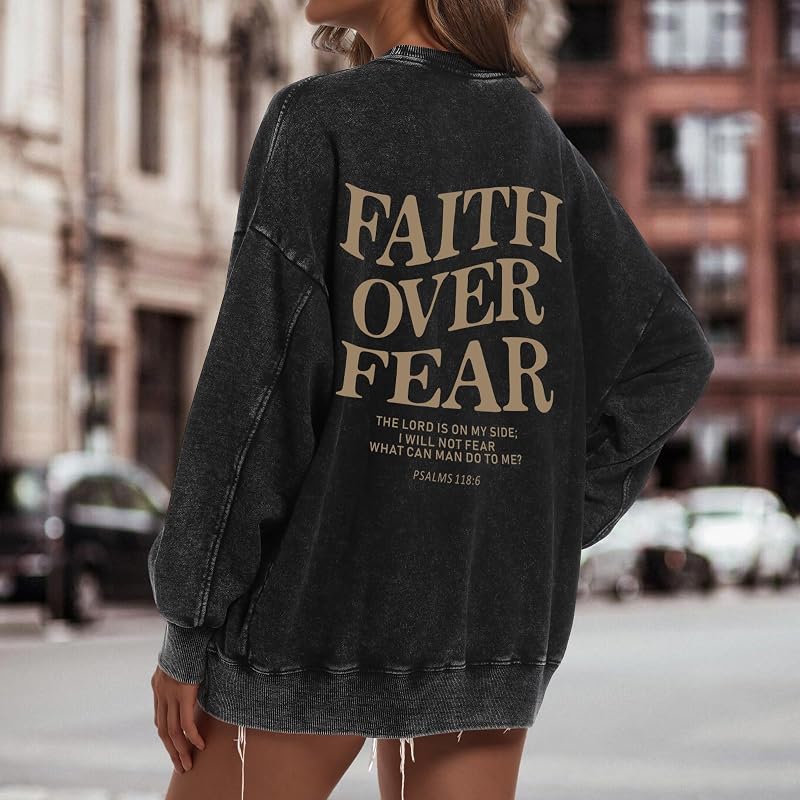 Faith Over Fear Sweatshirt for Women - Oversized Jesus Bible Verse Hoodie, Acid Wash Pullover (Black, Large)