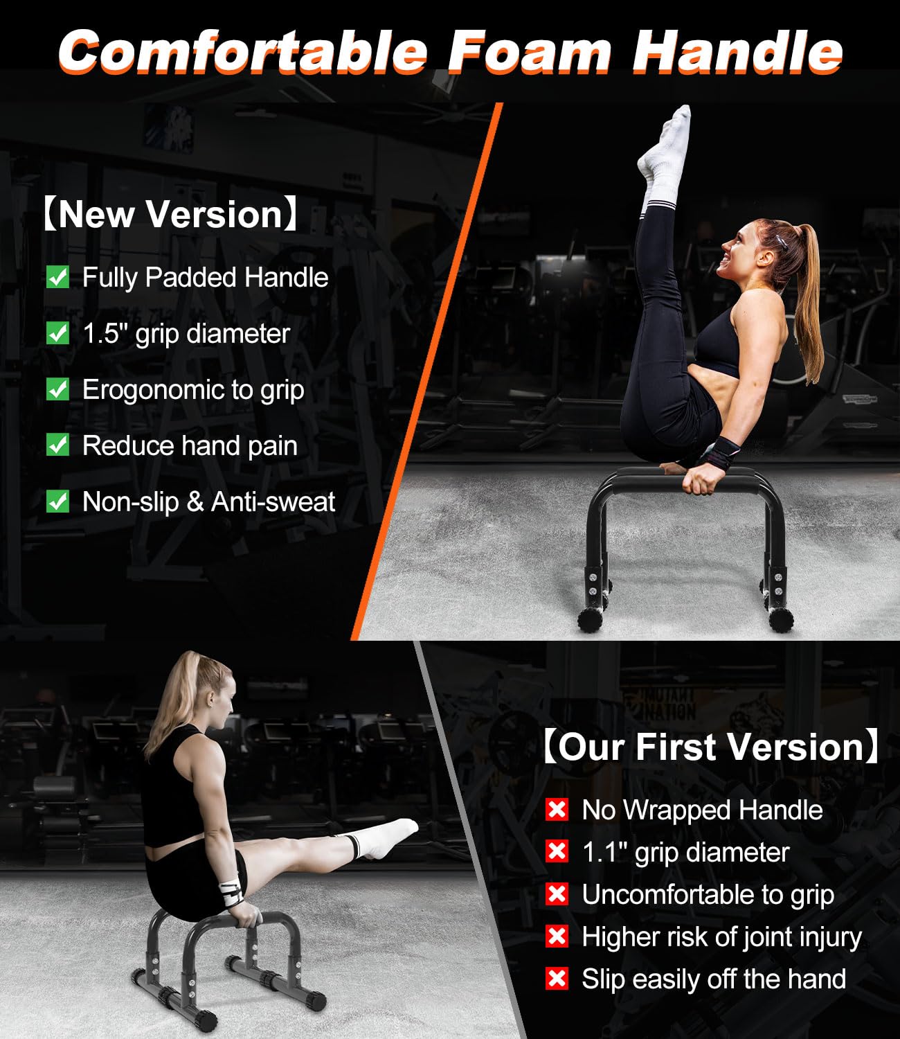 TABEKE Push Up Bar, 12 Inch High Non-Slip Parallettes Bars & Dip Bars With Foam Handles, Heavy-Duty No Wobbling Calisthenics Equipment For Handstand, L-Sit, Gymnastics, Strength Training Home Gym Use