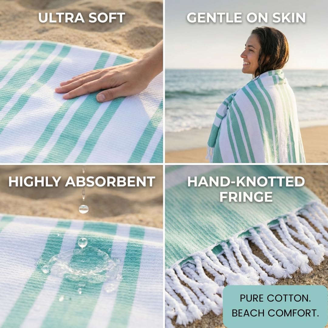 Turkish Beach Towels Set of 4 - Oversized 40x70 Inch Cotton Quick-Dry Towels | Sand-Free Aqua Blue