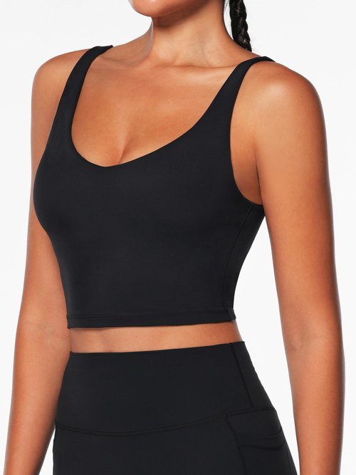 Sunzel Women V-Neck Longline Sports Bras Low U Back Workout Yoga Athletic Crop Tank Top with Built in Bra Black Medium