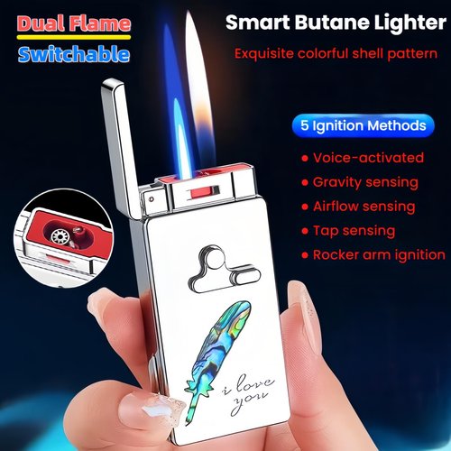 NINSI Smart Butane Torch Lighter, 5 Ignition Methods, Voice Controlled Dual Flame Lighter with Jet Blue Flame and Open Flame Options, Windproof Refillable Lighters (Without Gas) (Camel)
