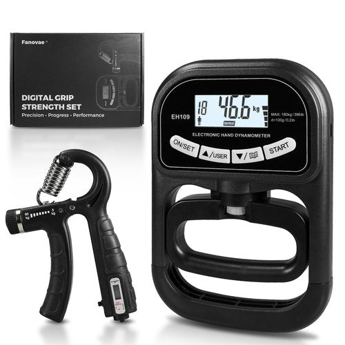 Fanovae Digital Grip Strength Tester & Trainer Set – LCD Hand Dynamometer with 19-User Memory, USB or Battery Powered + Electronic Grip Exerciser with 1-Touch Reset – Fitness Gift for Men
