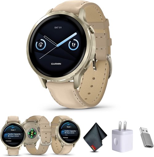 Garmin Venu 4 GPS Smartwatch - 41mm AMOLED Display, Built-In Flashlight, 10-Day Battery Life | Lunar Gold & Light Sand Leather Band