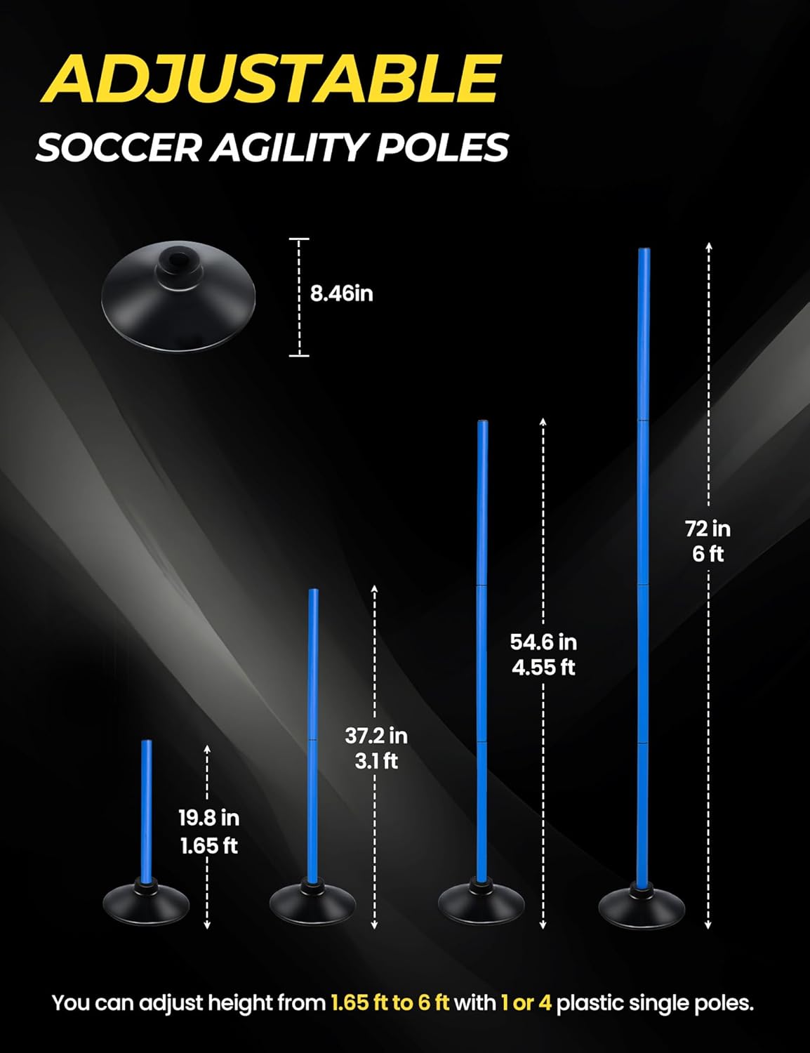 SEAOTTER Soccer Agility Poles Set - 6ft Detachable Speed Poles with Rubber Base | 4/6/10 Pcs for Training