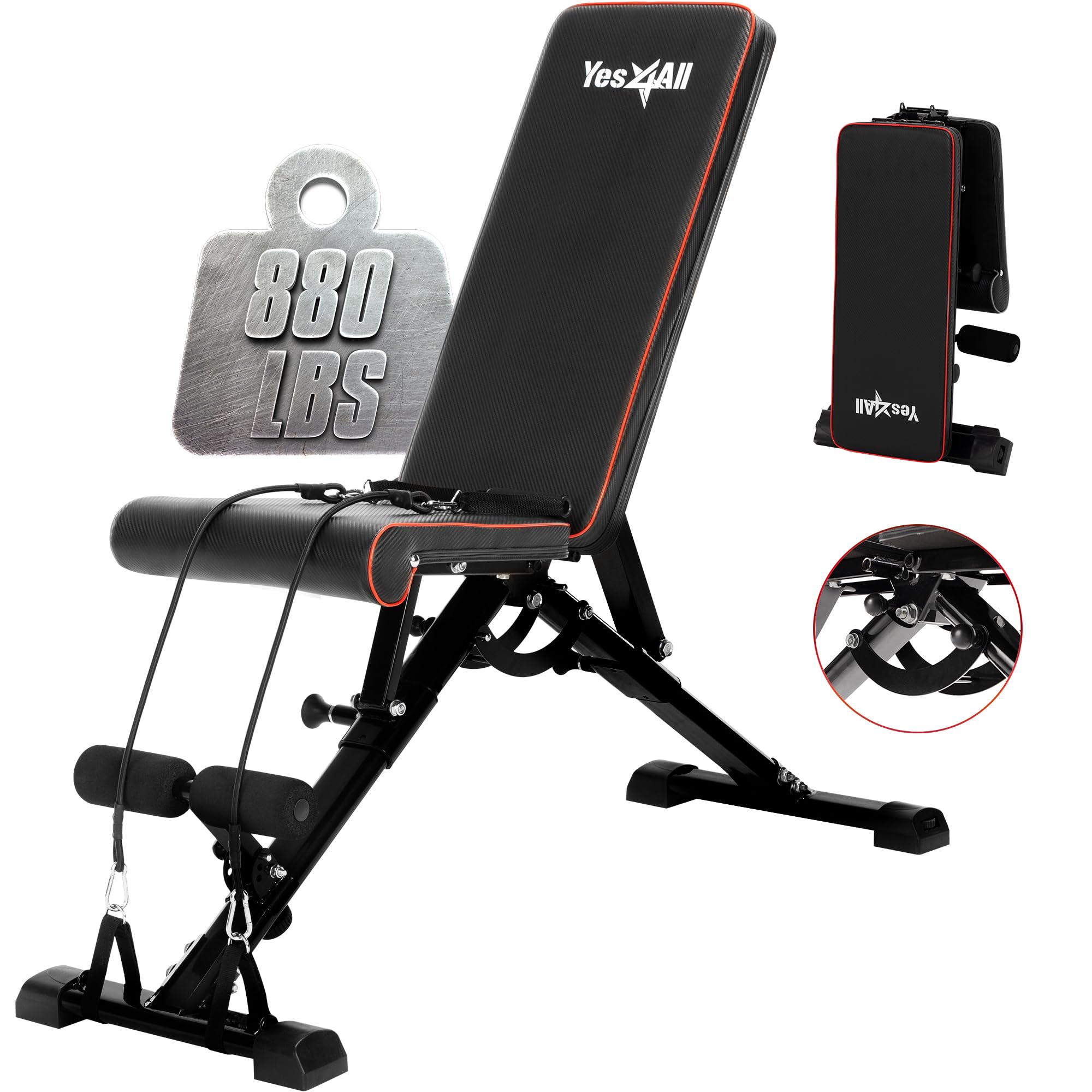 Yes4All Adjustable Weight Bench, 880Lb Foldable Workout Bench for Home Gym, Incline Bench with Innovative Stabilizing Frame