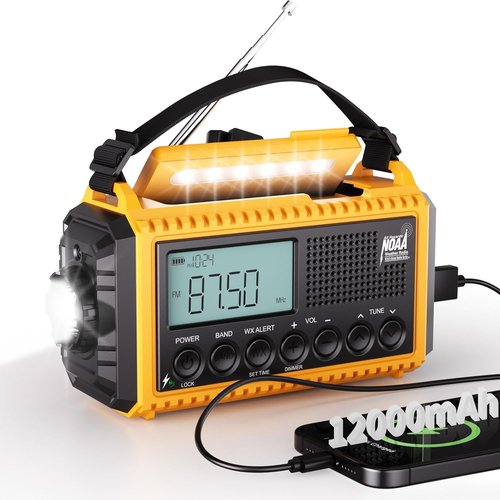 Mesqool 12000 Emergency Radio - NOAA/AM/FM/SW Weather Radio with Flashlight & Phone Charger | Portable Solar Power
