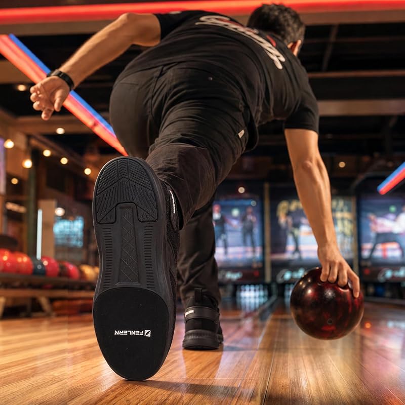 FENLERN Men’s Bowling Shoes with Universal Sliding Sole – Onyx Black, 7.5 Wide