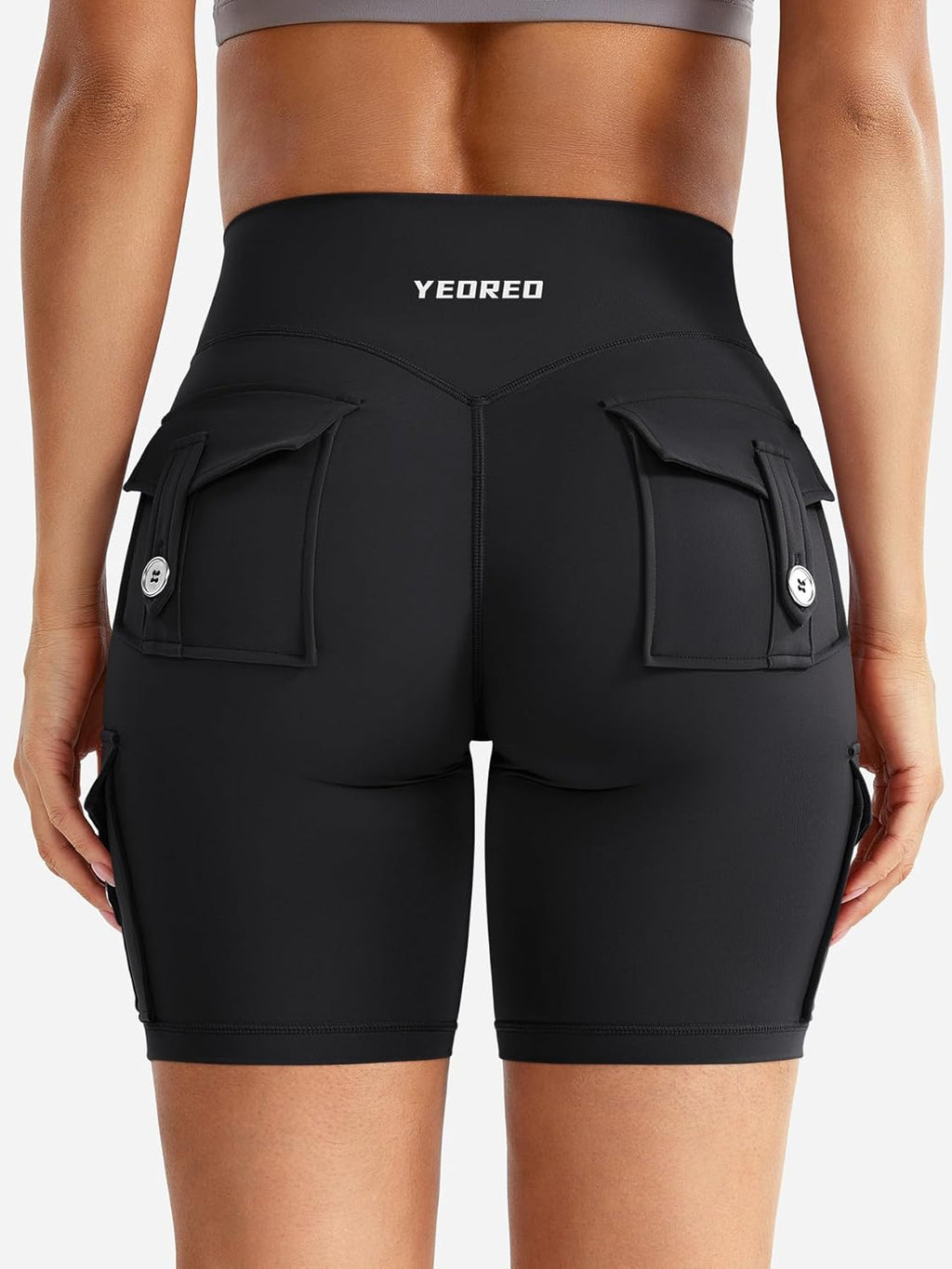 YEOREO CoreFlex Women's High Waisted Biker Shorts - Hidden Cargo Pockets | 8" Inseam Gym Shorts