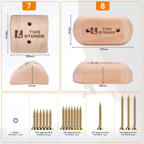 TWO STONES Wooden Rock Climbing Holds Kids and Adults | Wood Rock Wall Climbing Holds Kids and Gyms | Variety Screw On Climbing Hand Holds Set with Mounting Hardware