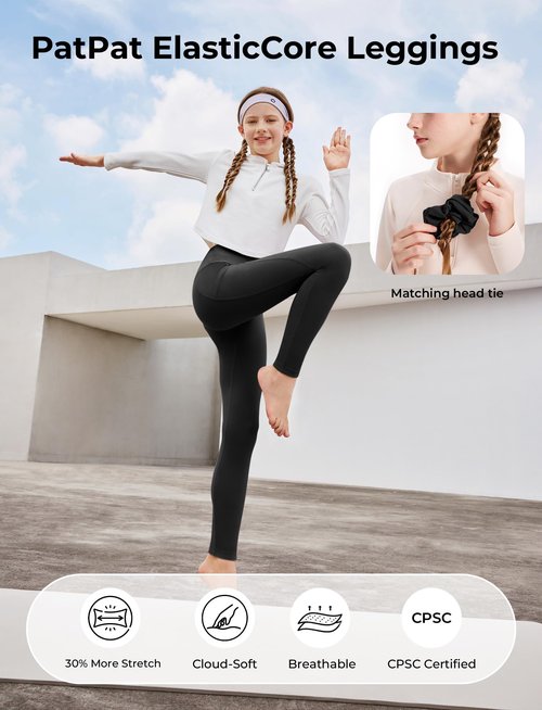 PATPAT Girls Athletic Leggings with Pocket, Buttery-Soft & Ultra-Stretchy Yoga Pants for Running Dance Workout Casual, Skinny-Bottom (Regular), Black, US10/M