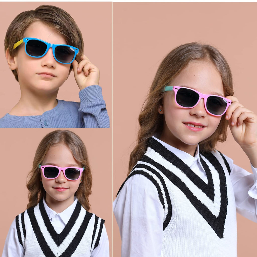 DYLB Kids Polarized Sunglasses for girls boys 3 Pack, Flexible TPEE Rubber Frame for Children Age 3-8. (Black + Pink +Blue Yellow)
