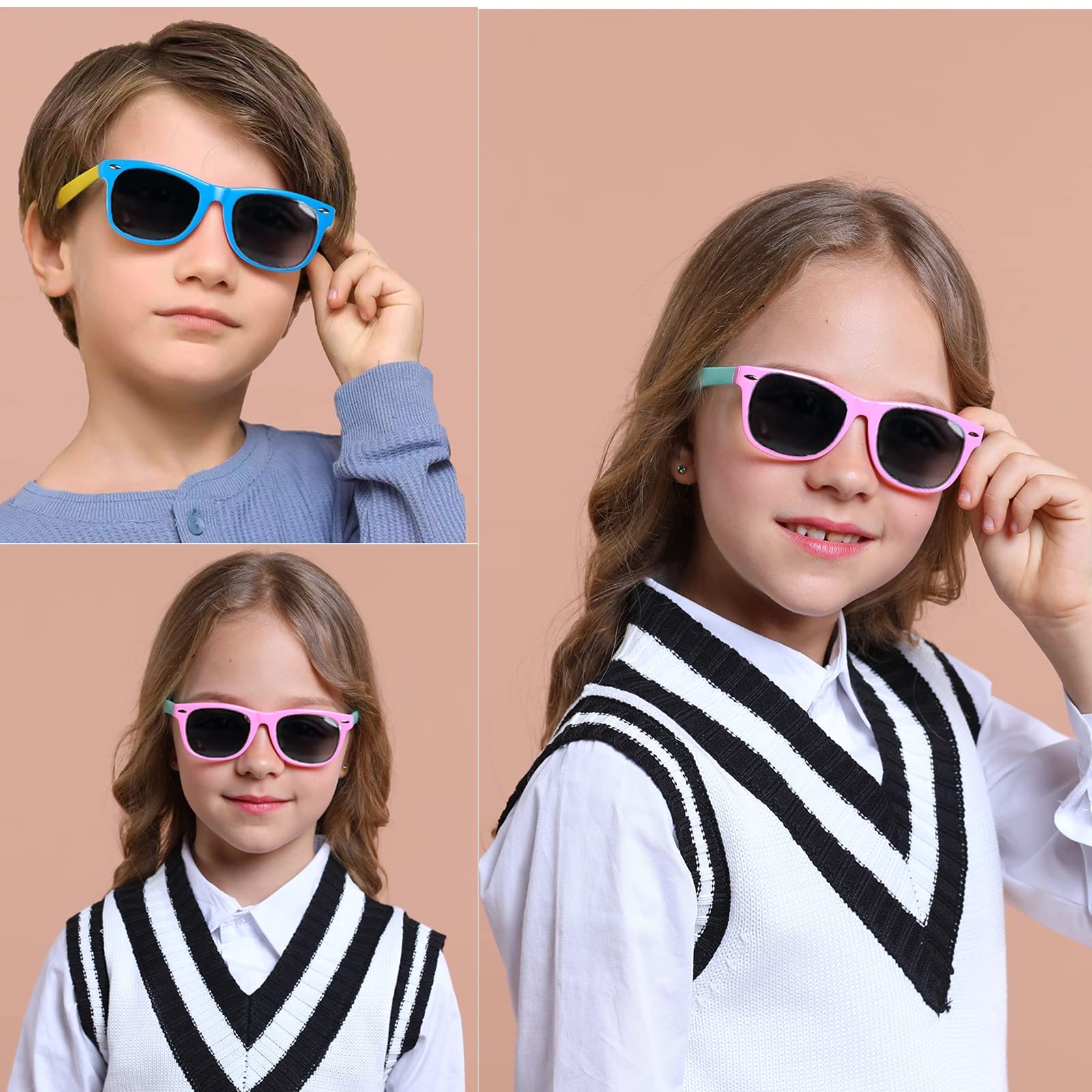 DYLB Kids Polarized Sunglasses for girls boys 3 Pack, Flexible TPEE Rubber Frame for Children Age 3-8. (Black + Pink +Blue Yellow)