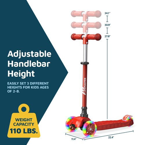 Lifemaster Kids Scooter – Children and Toddler 3 Wheel Kick Scooter – LED Wheel Lights Illuminate When Rolling– Adjustable Handlebar – Indoor and Outdoor Red