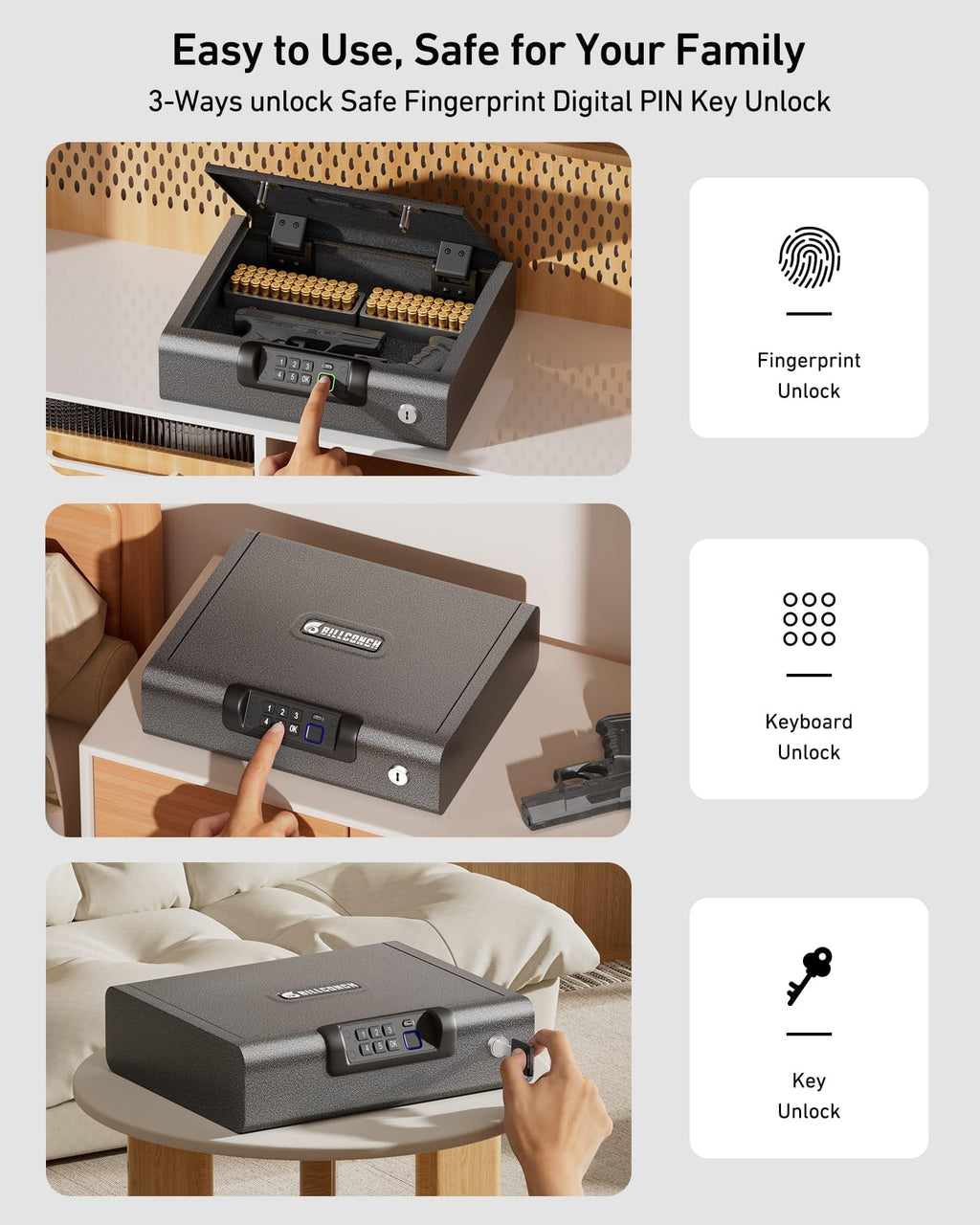 BILLCONCH Gun Safe,Biometric Gun Safe for Pistols, 3 Ways Fingerprint Digital PIN Key Unlock, Smart safe box with Sound,for Cloakroom living room Bedroom Nightstand