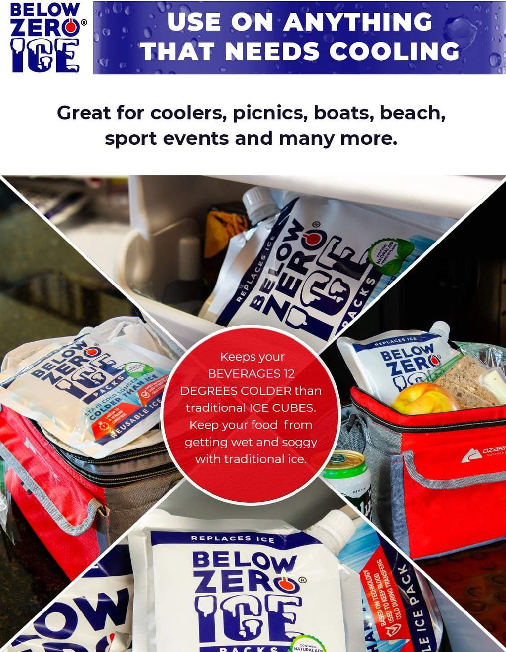 Below Zero Large Reusable Ice Packs for Coolers – Long Lasting Cooler Ice Pack Blocks, Leak-Proof Freezer Packs for Camping, Lunch Boxes & Travel – Large 14”x10” (3-Pack)