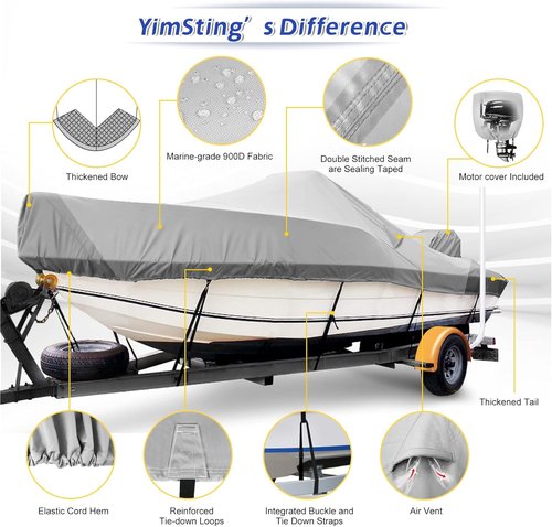 1400D Center Console Boat Cover - Waterproof Marine Canvas with Hurricane Proof System | Fits 17-19ft Boats, Gray
