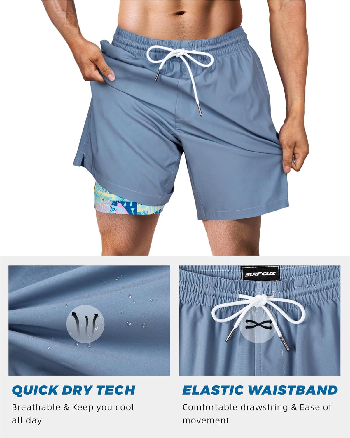Surf Cuz Men's Swim Trunks - Quick Dry Compression Liner with Zipper Pockets | Haze Blue, Medium