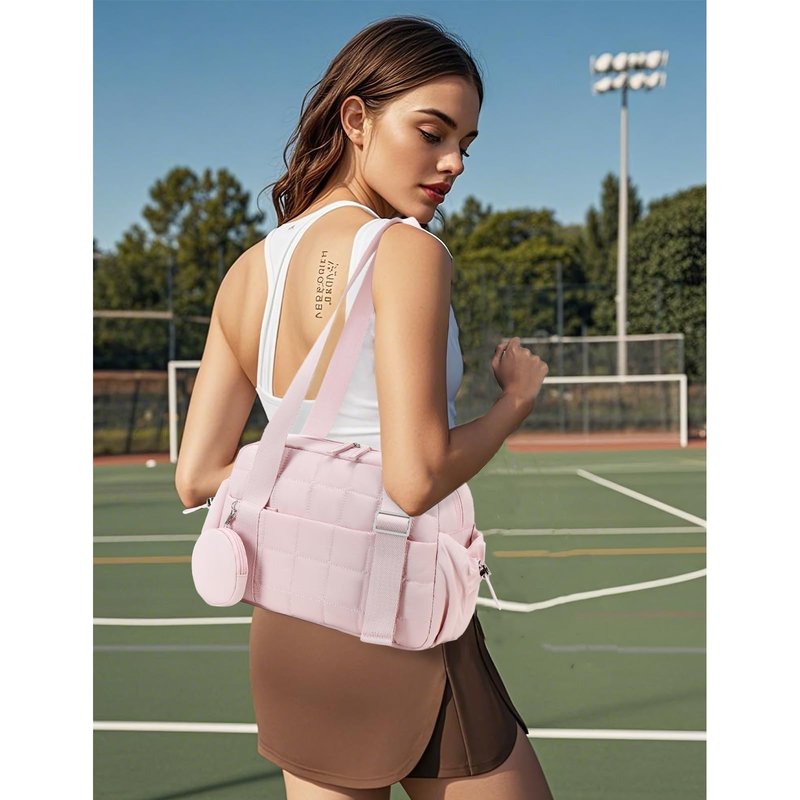 CAMTOP Mini Gym Bag for Women, Small Gym Tote Bag Puffy Quilted Sports Duffel Bag with Wet Compartment and Coin Purse Duffel Bags Dance Yoga Workout Bag for Gifts (All Coral Pink, Mini-12.6")