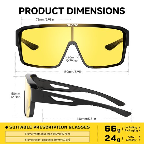 suoso Night Vision Driving Glasses Fit Over Eyeglasses – Polarized Anti-Glare Yellow Lens Nighttime Glasses for Men & Women