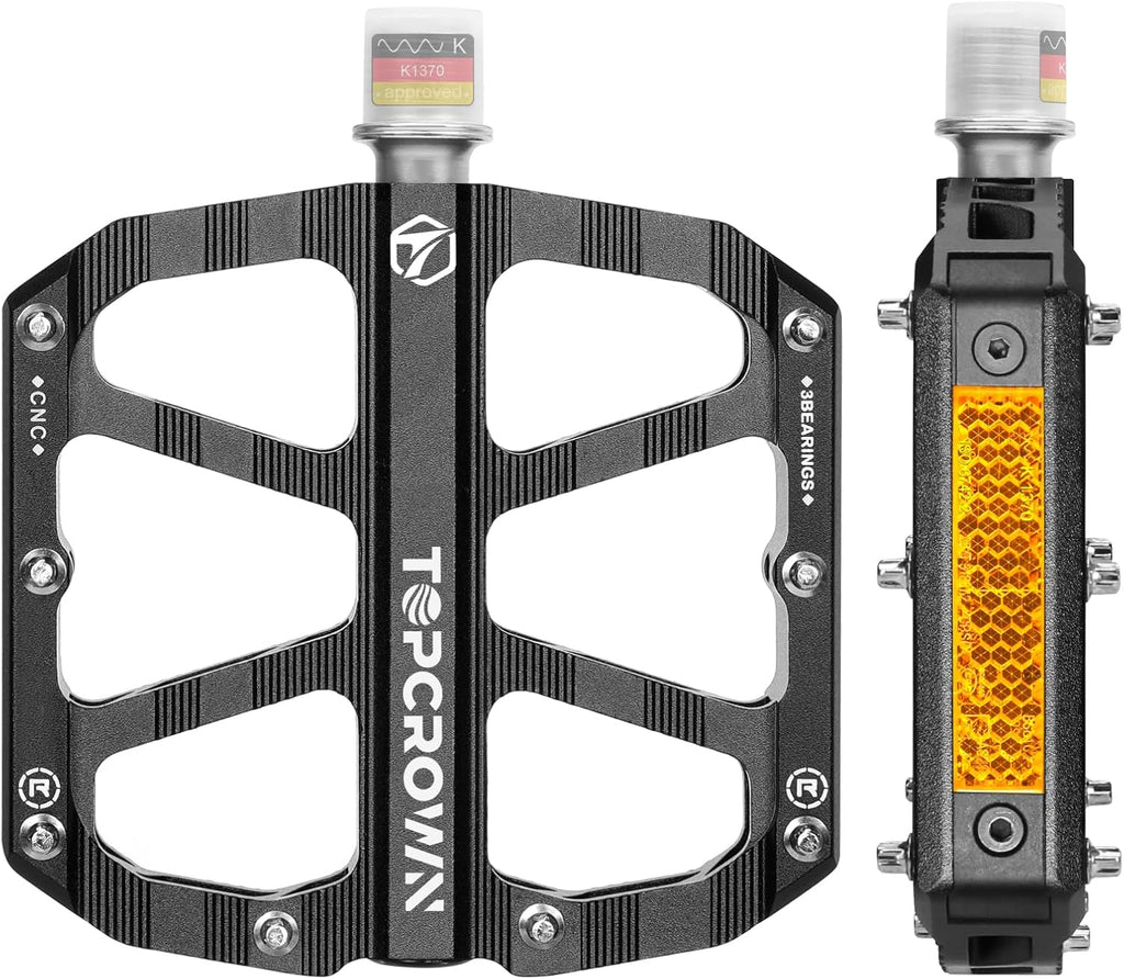 Topcrown Mountain Bike Pedals with Reflectors, Aluminum Metal Bicycle Flat Pedals 9/16" - 3 Sealed Bearings, Non-Slip Wide Platform with Removable Pins for MTB, Road Bike, BMX, Ebike
