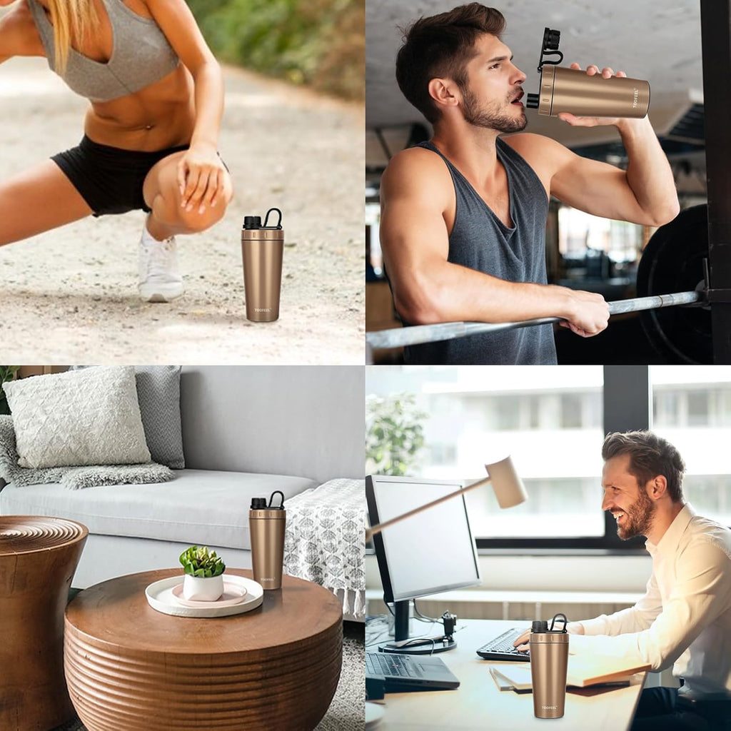TOOFEEL Insulated Protein Shaker Bottle - 20 oz Stainless Steel, Double-Walled, BPA-Free | Keeps Drinks Cold or Hot