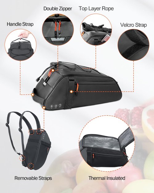 Danuosie Insulated Rear Bike Rack Bag with Rain Cover, 10L Waterproof Backpack Shoulder Saddle bag for Bicycles, Reflective Cycling Seat Storage Bag for Warm or Cold Items for Camping Travel Outdoor