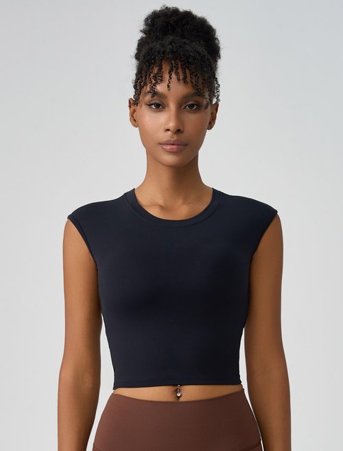 ABOCIW Workout Tops for Women Built in Bra Open Back Longline Sports Bras Cap Sleeve Athletic Yoga Crop Top Gym T Shirts Black Medium