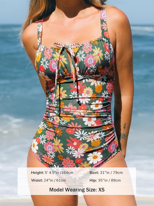 CUPSHE Women's One Piece Swimsuit Bathing Suit Square Neck Back Cut Out Drawstring Self Tie Back Hook