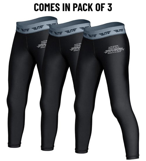 Elite Sports Youth Boys Kids Athletic Compression Pants Legging Spat Tight Base Layer BJJ Basketball Soccer Sports Training (US, Alpha, Medium, Regular, Black (Pack of 3))