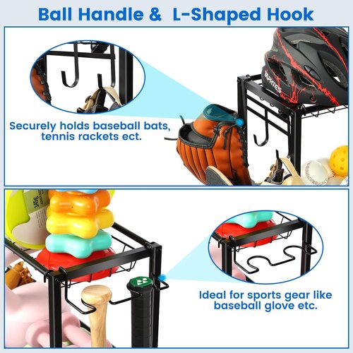 Kinghouse Basketball Rack - Steel Sport Equipment Organizer with Bat Holder & Hooks | Easy Assembly for Garage & Home Gym