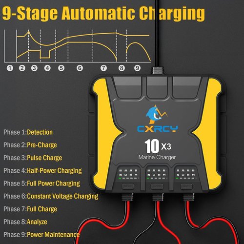 **3 Bank Battery Charger 12V - 30A Waterproof Marine Charger & Maintainer for SLA/AGM, Lithium, Calcium & Deep-Cycle Batteries**