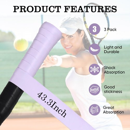 ZVYKTOR Tennis Racket Grip Tape, Ultra Thin Tacky Tennis Overgrip for Sweat Absorption & Control – Durable Anti-Slip Replacement Grip for Tennis, Badminton & Pickleball (Purple 3P Set)