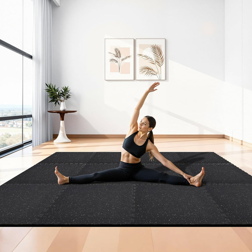 VEVOR Gym Flooring Tiles - 0.56 Inch Thick Rubber Top with High Density EVA Foam | 24 x 24 Inch Interlocking Mats in Black & Gray - Perfect for Home Gyms