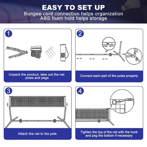 BAGAIL All-in-1 Badminton Net, Height Adjustable (Up to 5.1') Kids Volleyball Net, Quick Setup Sports Net with Portable Bag for Pickleball, Tennis, Pool, Backyard & Indoor Games - 10ft, Blue