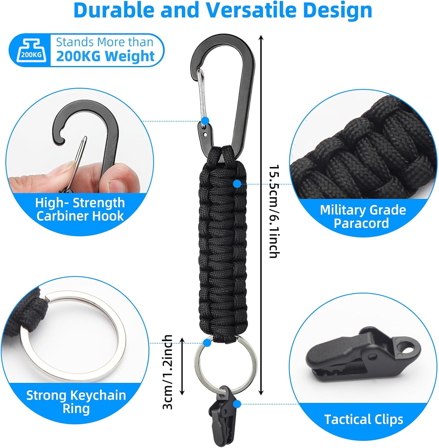 Paracord Keychain Carabiner Set - Multi-Function EDC Gear with Tactical Clips & D-Ring Hook for Outdoor Adventures